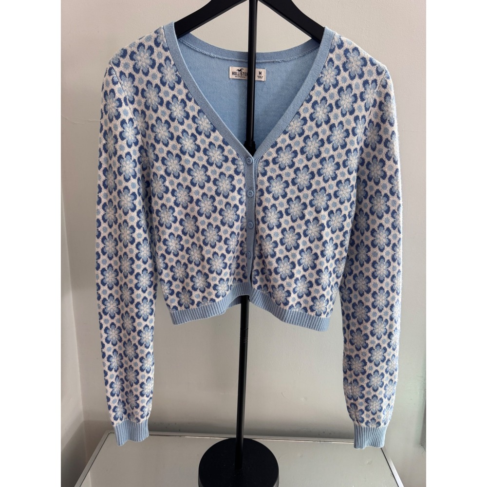 Hollister Womens Blue Floral Cropped Cardigan Sweater V-Neck Button Front Size M